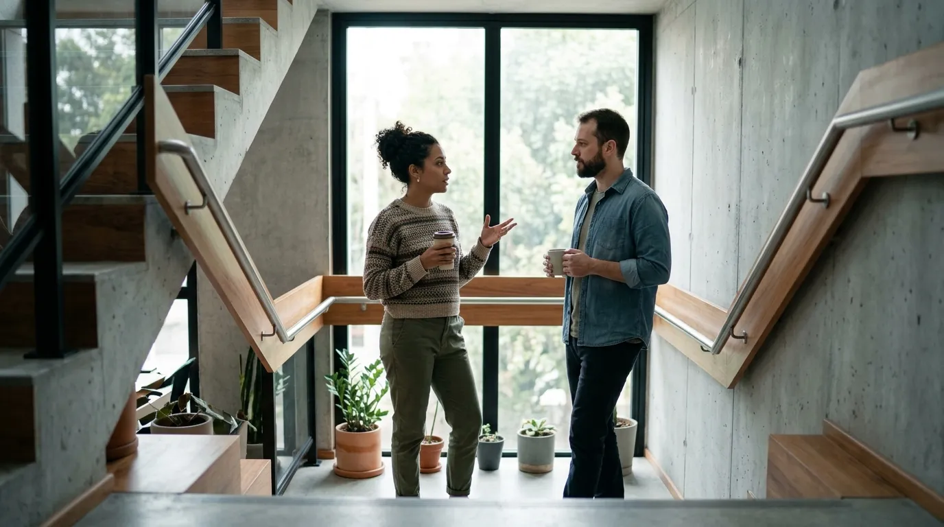 Duas pessoas conversam em pé no patamar de uma escada de concreto, com café nas mãos, diante de uma janela alta.