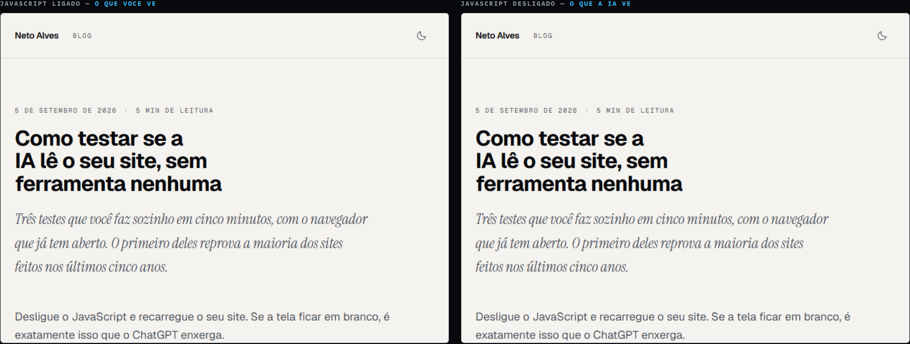 A mesma página deste blog, lado a lado, com JavaScript ligado e desligado: as duas versões mostram exatamente o mesmo texto.